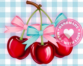 Cherry Coquette Clipart PNG – Digital Download. Cherry Bow Png Coquette Retro Sublimation Design Instant Download. Pink and Blue Cherry PNG