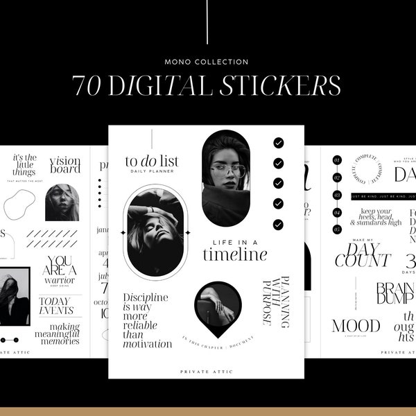 Mono Collection from PrivateAttic | goodnotes stickers, black and white, magazine style, luxury editorial, digital planner, planner stickers