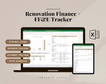 May include: A laptop and tablet screen displaying a spreadsheet with the title "Renovation Finance Tracker". The spreadsheet includes a dynamic chart, expense tracker, payment tracker, and FF&E schedule. The image also includes the Microsoft Excel logo.
