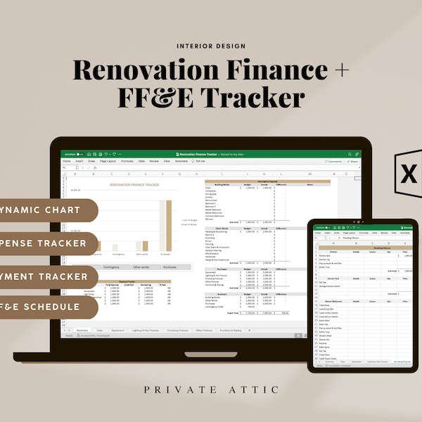 Renovation Finance + FF&E Tracker / modello di budget di ristrutturazione, foglio di calcolo di ristrutturazione, pianificatore di ristrutturazione, tracker di budget excel, appartamento