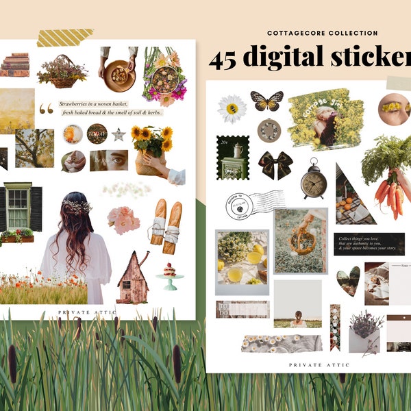 Cottagecore Collection from PrivateAttic | goodnotes stickers, scrapbook, magazine style, floral nature, digital planner, realistic stickers