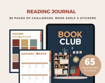 May include: A digital planner for book lovers with a blue background and a bookshelf illustration. The planner includes 98 pages of challenges, a bookshelf tracker, and 65 pre-cropped stickers. The text "BOOK CLUB" is displayed in orange and white letters.