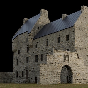 Può includere: Un castello in pietra grigia con un grande ingresso ad arco e più finestre. Il castello ha un tetto in ardesia ed è circondato da un muro in pietra.