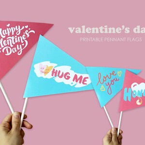 Valentine&#39;s Day Pennant Flags, Set of 12 designs, Valentine&#39;s Day Party Decor, Valentine&#39;s Day Printable