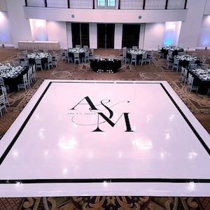 Custom wedding dance floor wraps gloss white removable vinyl with printed monogram logo initials, and border design