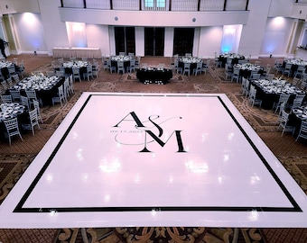 Custom wedding dance floor wraps gloss white removable vinyl with printed monogram logo initials, and border design