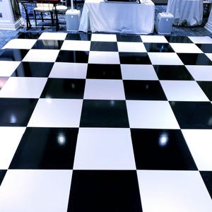 Checkered pink, green, black & white vinyl dance floor wrap—custom printed checkered floor wrap - custom removable easy peel floor wrap
