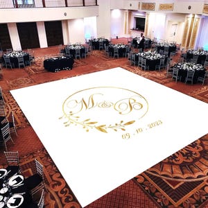 Custom decal dance floor wrap gloss white removable vinyl with printed monogram logo design in the center - wedding sticker print wrap