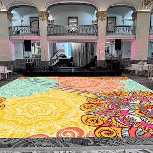 Mandala Sangeet Ceremony Floor Wrap | Custom Indian Wedding Dance Floor Vinyl | Removable Gloss Decal for Mehndi & Traditional Celebrations