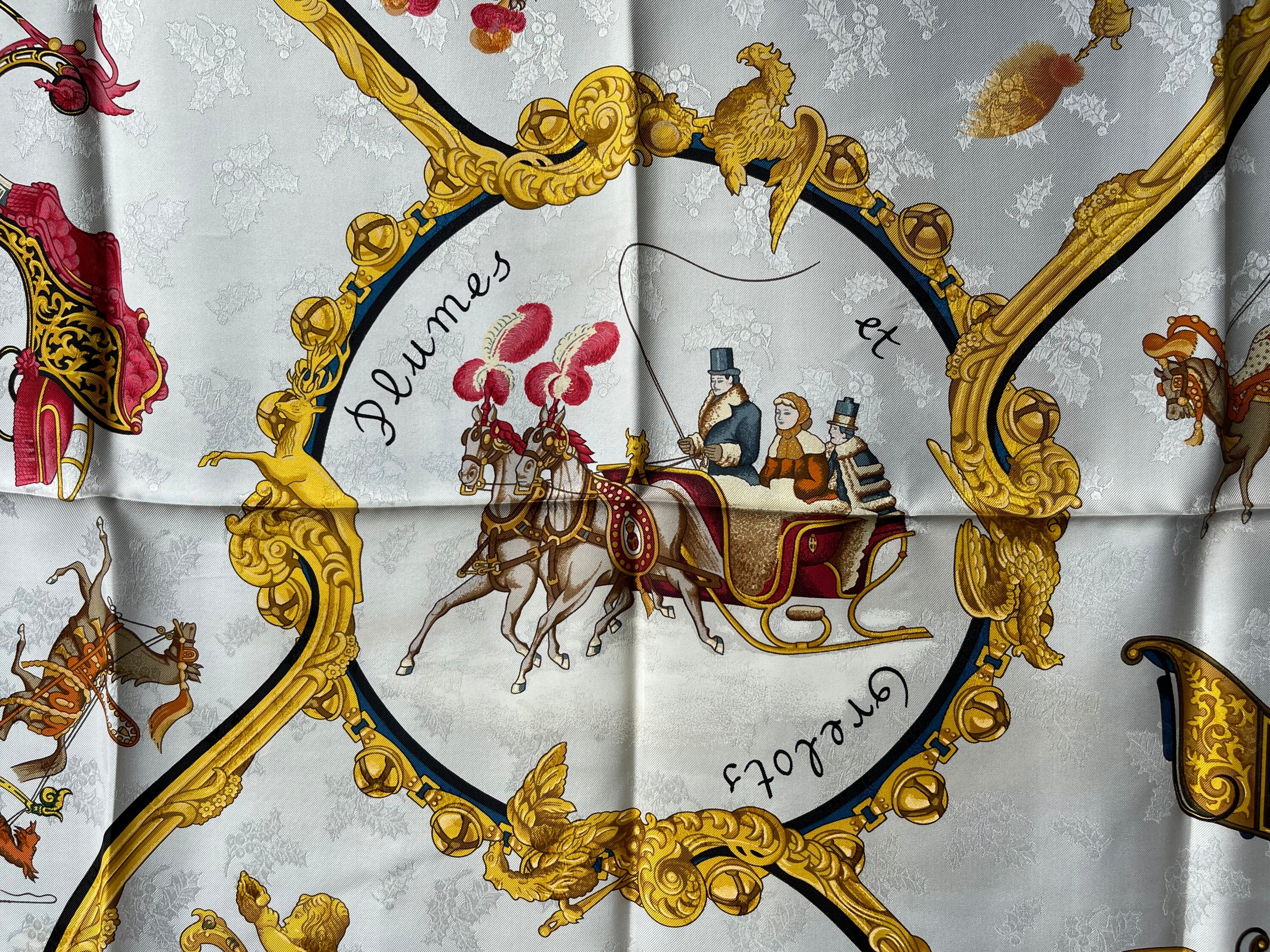 Hermes Silk Scarf Plumes Et Grelots Black Gold Sledge Winter Hermes Silk Scarf Plumes Et Grelots Black Gold Sledge Winter