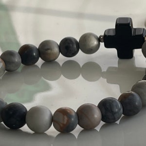Bracelet cross mourning natural stone balls extraordinary eye-catcher black