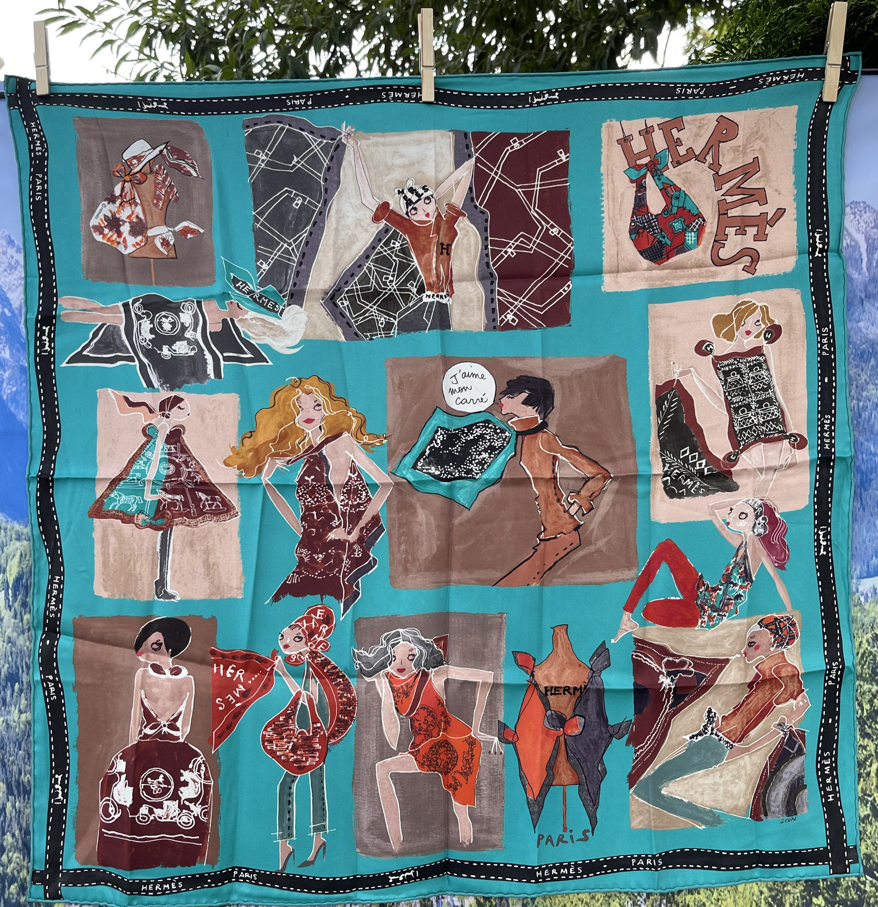 Hermes Silk Scarf Turquoise J Aime Mon Carre for Colette Hermes Silk Scarf Turquoise J Aime Mon Carre for Colette