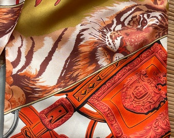 Hermes silk scarf Maxi Twilly 20 x 220 cm silk exceptional Bali Barret orange silver gray olive saffron Pawnee horse Bengal tiger