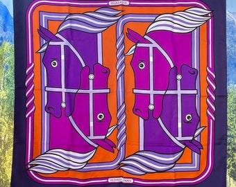 Hermes Silk Scarf Paris Quadrige designed by Pierre Perron carre foulard purple violet orange black exceptional Quadriga