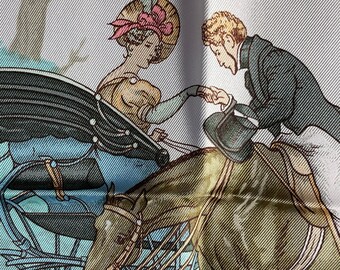 HERMESエルメスPRINGS シルクスカーフ 青白 馬車 HERMES シルクスカーフ 馬車デザイン ミニスカーフ