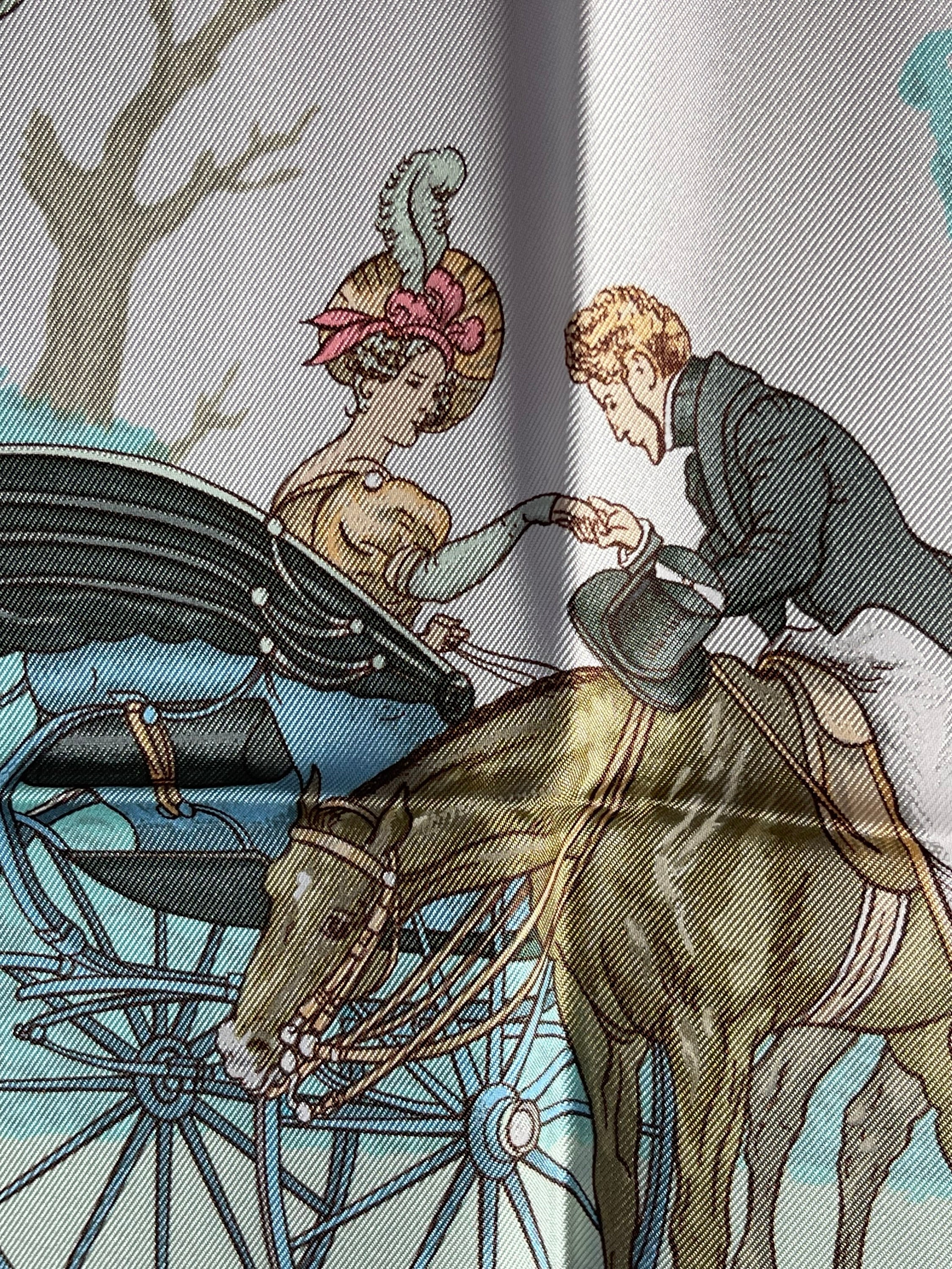 HERMESエルメスPRINGS シルクスカーフ 青白 馬車 Hermes Silk Scarf Paris La Promenade De Longchamps White