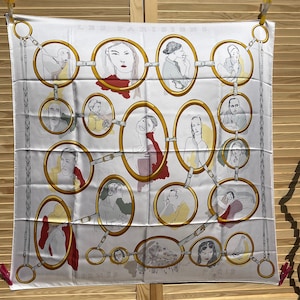 Hermes silk scarf Paris silk foulard carre Les Parisiens Bali Barrett white gold rare faces collectible collectible resident