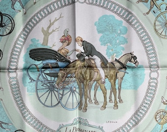 Hermes Silk Scarf Paris La Promenade de Longchamps White Turquoise Carriages Horses Lady Cylinder very rare Philippe Ledoux
