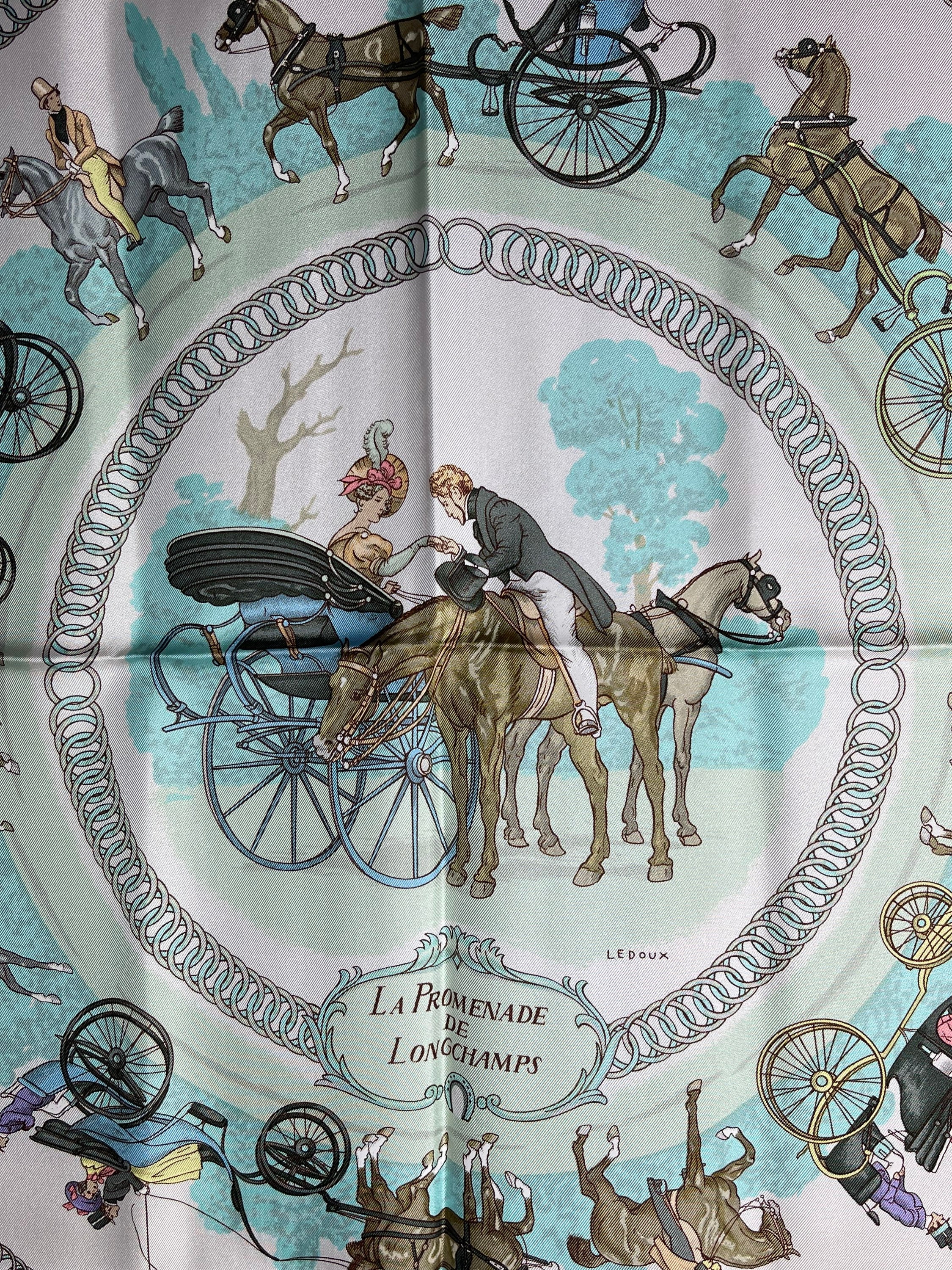 Hermes Silk Scarf Paris La Promenade De Longchamps White Turquoise
