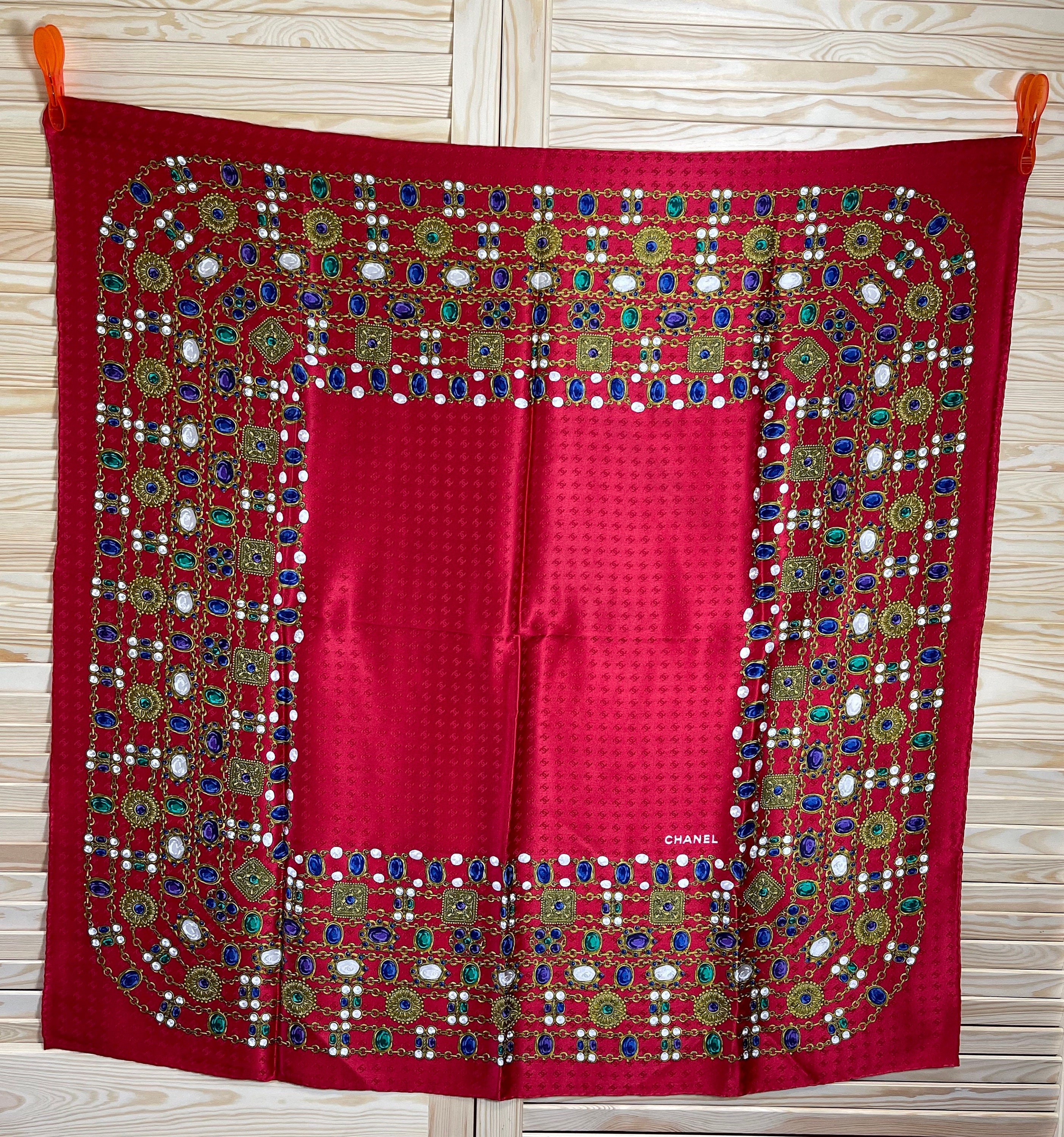 Chanel Silk Scarf Strawberry Red Jewel Motif Extravagant