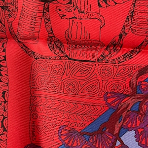Hermes Silk Scarf Paris Les Legendes de l arbre rare royal blue Strawberry red Annie Faivre 1998 Tree Nature Mythology
