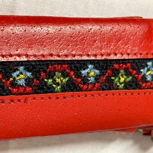 Case red embroidery cross stitch exceptionally rare leather pens bag zipper red 50s handmade