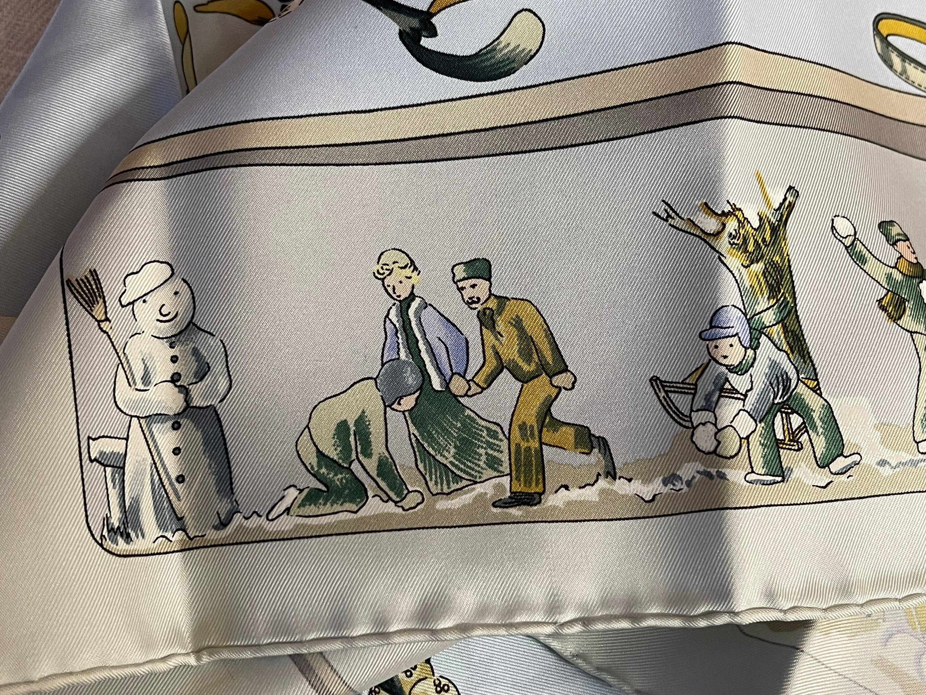 HERMES シルクハンカチ 馬車と雪景色 Hermes Silk Scarf Paris Neige D Antin Cathy Latham Ski Sleigh