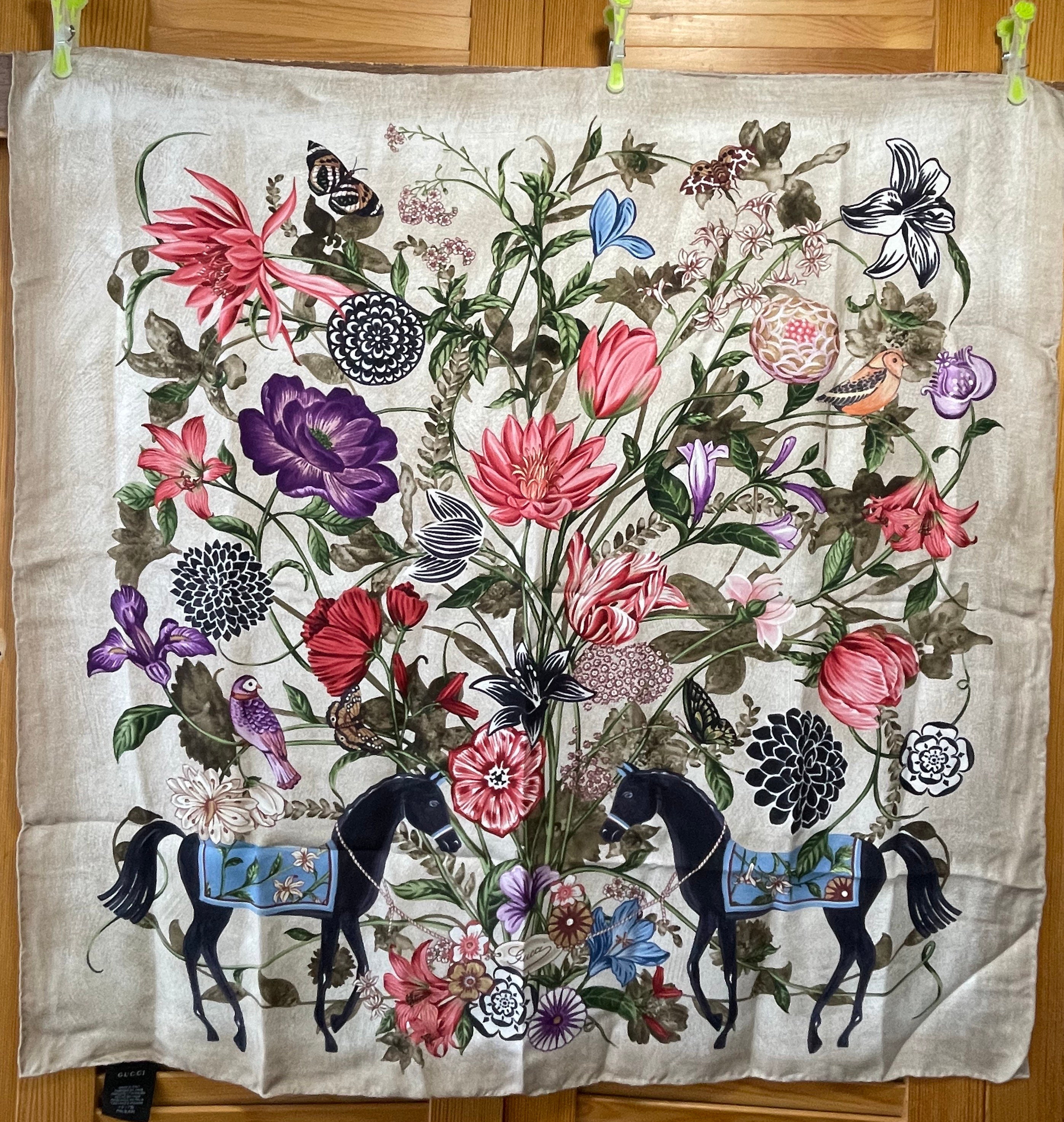 Gucci Silk Scarf Horse Flowers Blossoms Silk Beautiful