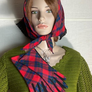 50 years tartan scarf with border and gloves red green blue black ladylike
