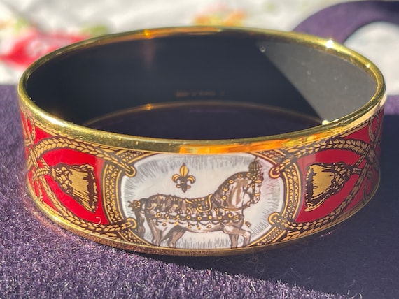 Bangles Hermes horse enamel burgundy gold motif G… - image 2
