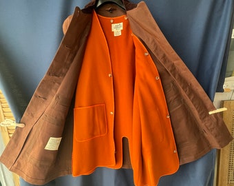 Hermes Paris Coat Women Macintosh M exceptional chestnut brown corduroy collar lining vest orange Scotland ladylike business fashion