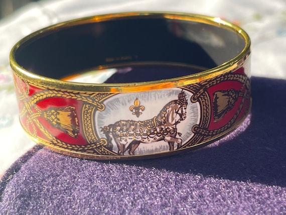 Bangles Hermes horse enamel burgundy gold motif G… - image 7