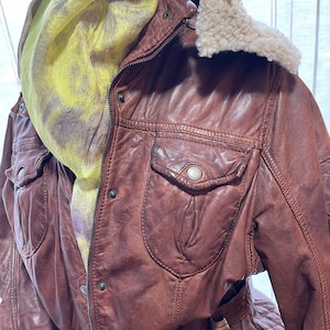 leather jacket Mauritius chestnut brown 44 heavy teddy collar lining tartan quilted ornamental extravagant ladylike cowgirl