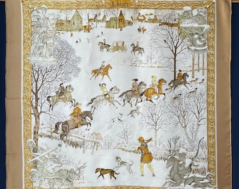 Hermes silk scarf L hiver by Philippe Ledoux winter extraordinary ancient horses village rural traditional caramel very rare