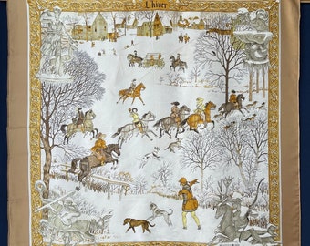 Hermes silk scarf L hiver by Philippe Ledoux winter extraordinary ancient horses village rural traditional caramel very rare