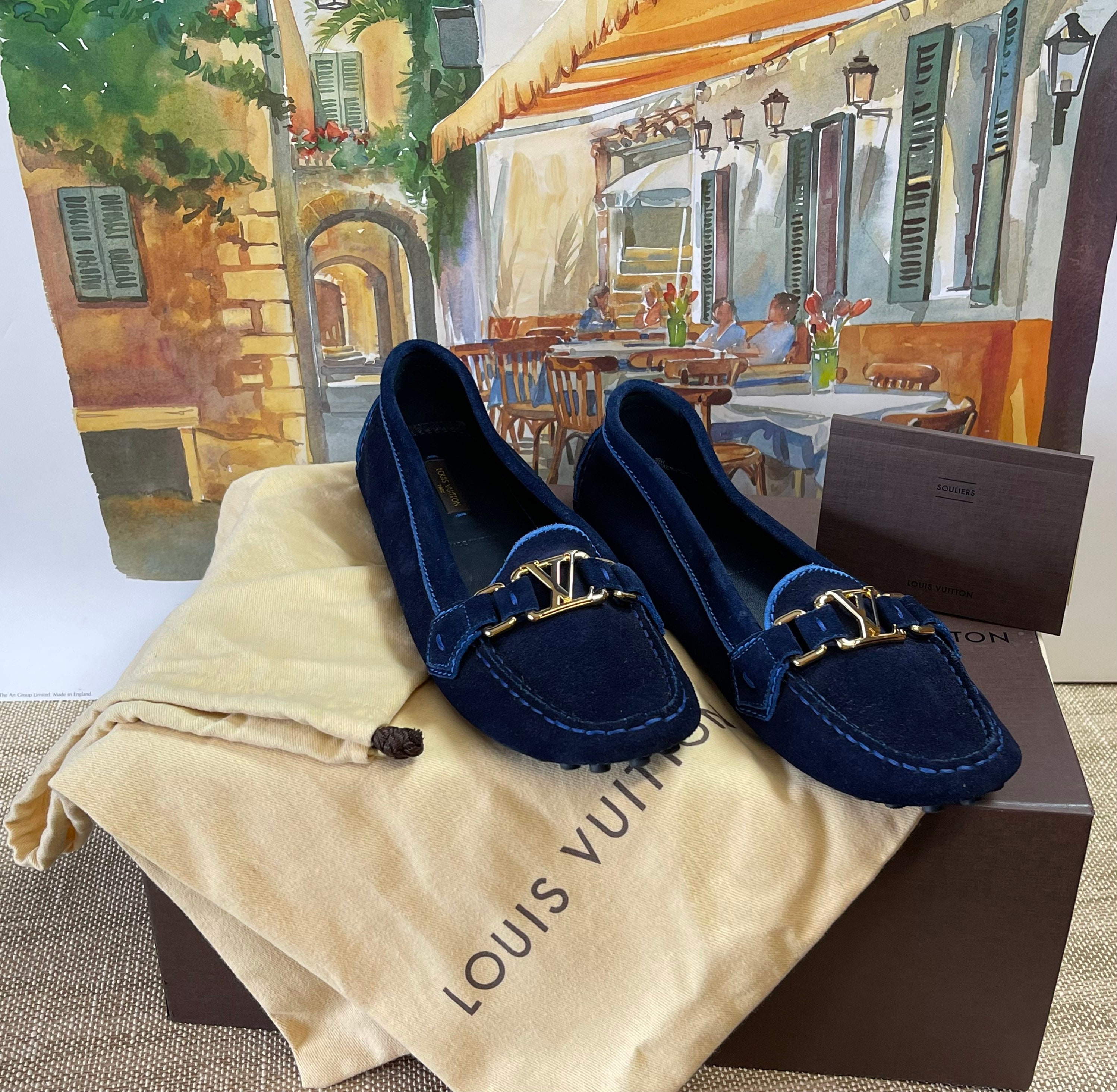 Louis Vuitton Authentic Women's Shoes Royal Blue Suede initials Gold