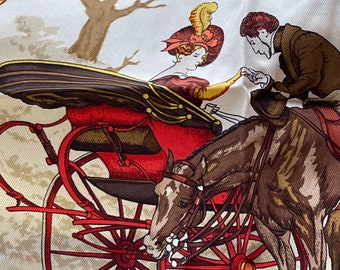 Hermes Silk Scarf Paris La Promenade de Longchamps Philippe Ledoux Carriages Horses Ladies and Gentlemen Fine Company Caramel