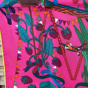 Hermes silk scarf Paris Au potager extraordinaire Pierre Marie pink lemon yellow rolled vegetable colors wonderland fantasy magical rare
