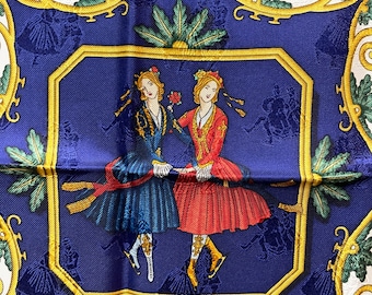 Hermes silk scarf Paris royal blue beautiful Joies d winter Joachim Metz very special jacquard ice skating landscape lake