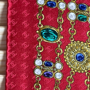 Chanel Silk Scarf Strawberry Red Jewel Motif Extravagant Rare Initials Special Weave Shine