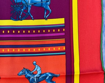 Hermes Silk Scarf Paris Caty Latham Sequences 1983 foulard carre 70 cm Equestrian Horse riding Jockeys colorful purple orange green blue