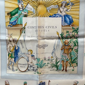 Hermes silk scarf carre foulard Francoise de La Perriere “Costumes civils actuels”