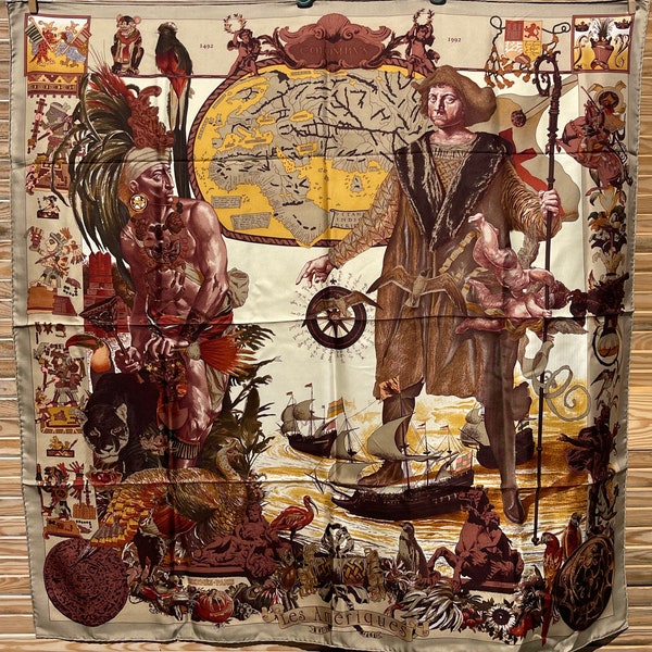 Hermes silk scarf Kermit Oliver Christopher Columbus 500th anniversary Les Ameriques