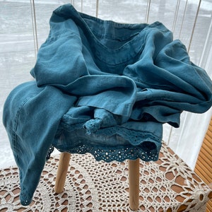 Tunic Petrol Blue Large Size Lace Linen Uncomplicated Straight Case Comfortable XL