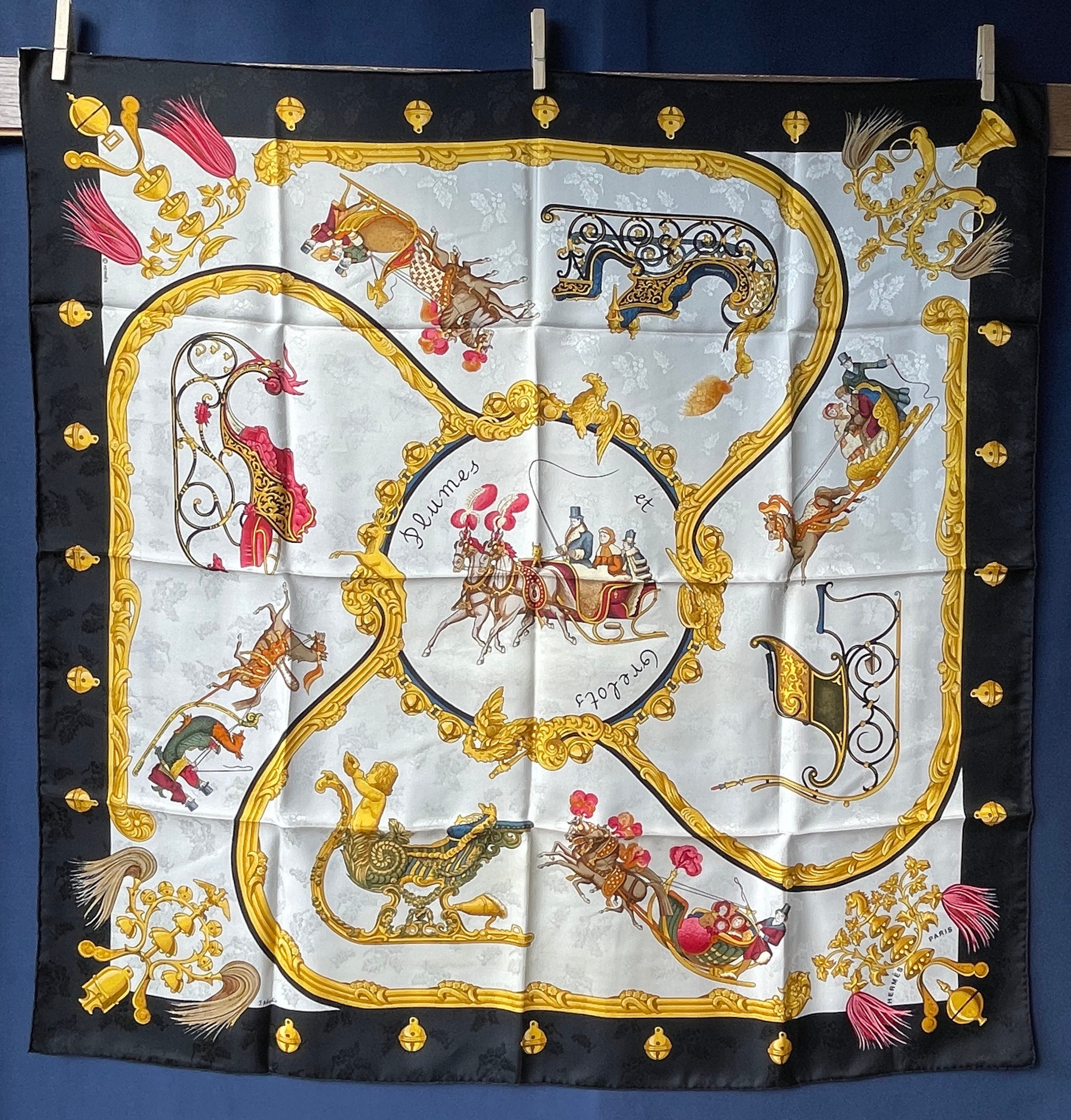Hermes Silk Scarf Plumes Et Grelots Black Gold Sledge Winter Hermes Silk Scarf Plumes Et Grelots Black Gold Sledge Winter
