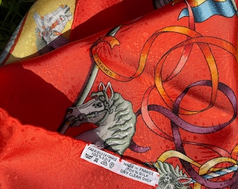 Hermes Silk Scarf LUNA PARK Joachim Metz 1993 Jacquard Silk Year of the Horse Intense Colour Strawberry Red Collector's item rare Fireworks