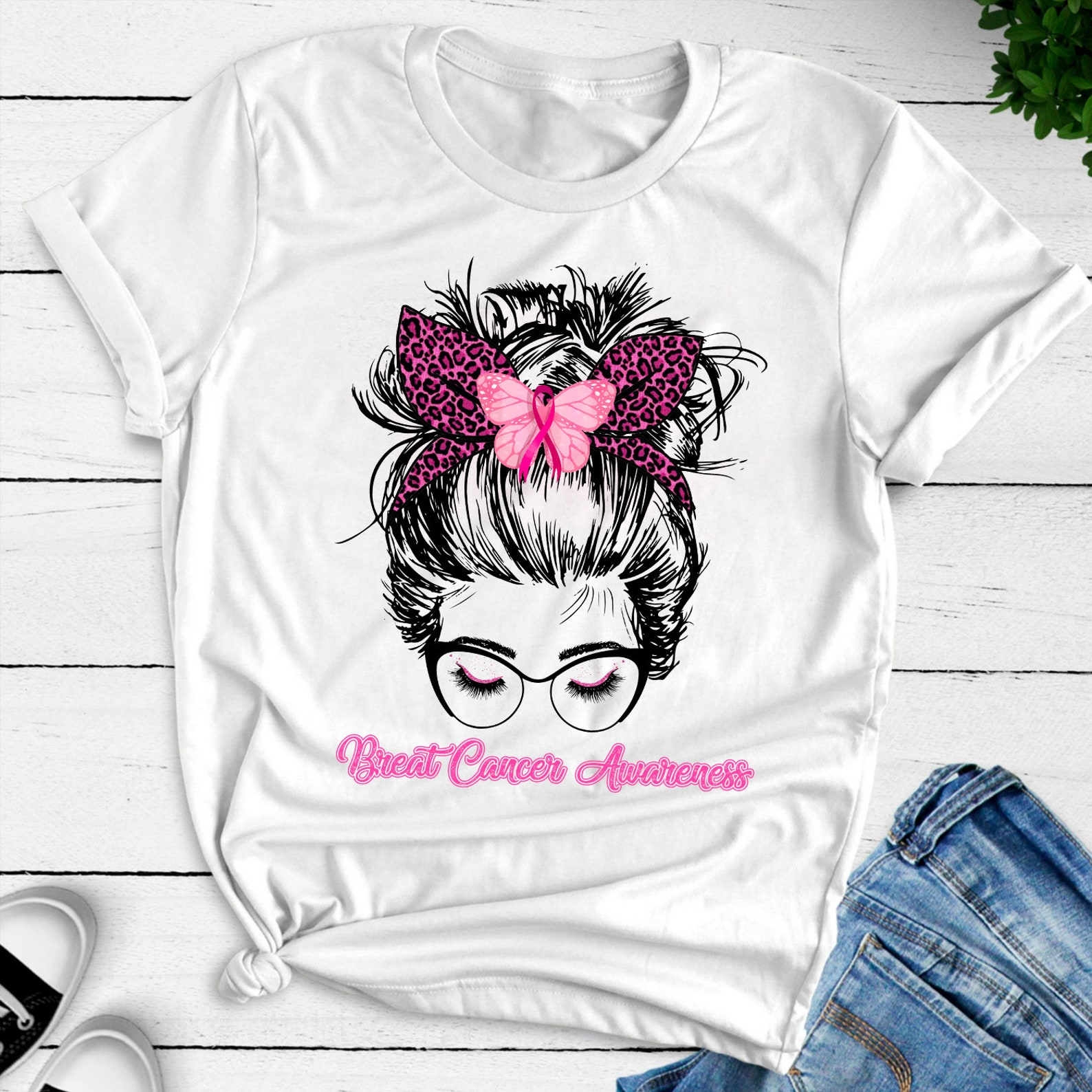 Women messy bun breast cancer awareness pink ribbon breast  etsy