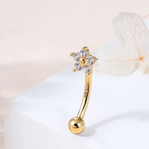 16G 14K Gold CZ Rook Earring/Cartilage Earring/Eyebrow Ring/Belly Ring/Rook Piercing/Curved Barbell/Flower CZ Piercing/Navel Ring