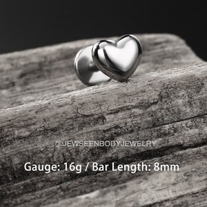 G23 Titanium Flat Back Earrings/ Internally Threaded Cartilage Stud/ Heart Lip Stud/ Tragus Stud/ Helix Jewelry/ Conch Earring for Women