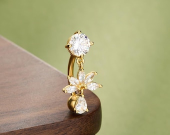 Gold Colored 316L Steel Belly Button Ring, Top Lotus CZ Dangle, 14g 10mm Navel Bar, Unique Upside Down Navel Jewelry, Elegant Body Piercing